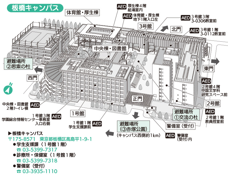 板橋キャンパス　学内AED設置場所、避難場所